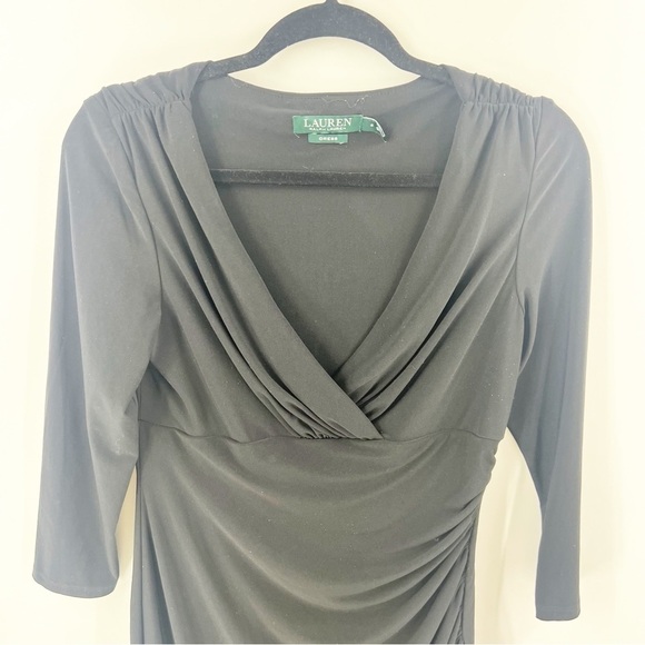 ✅ Lauren Ralph Lauren Surplice Bodycon Ruched Black Midi Sheath Dress Size 8 - Picture 3 of 7